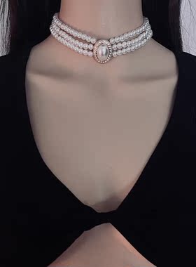 复古珍珠项链女锁骨链镶钻颈链
