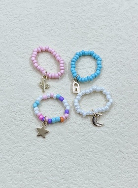 时尚五彩串珠米珠弹力趣味戒指女