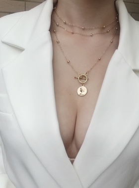 小众设计多层硬币人像圆形锁骨链