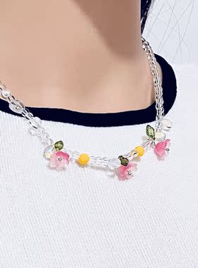 琉璃花朵项链粉色锁骨ins水晶