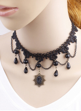 欧美夸张蕾丝水滴项链原创手工女士蕾丝花边颈链流苏吊坠锁骨链女