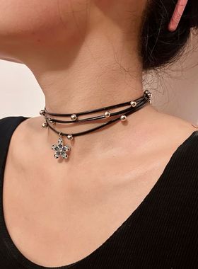 多层皮绳项链女花朵吊坠锁骨链