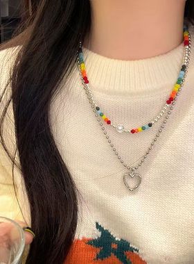 ins彩虹水晶串珠爱心锁骨链女
