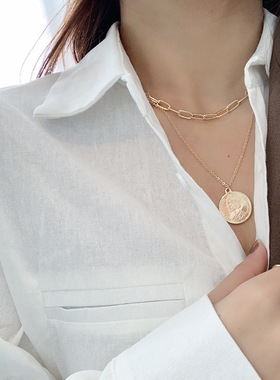 韩国金色多层叠戴钱币百搭锁骨链