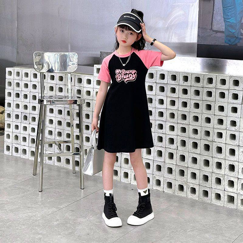 女童夏装短袖连衣裙2025夏季新款洋气撞色甜美公主儿童T恤中大童,淘宝优惠券,粉丝福利购,淘宝优惠卷