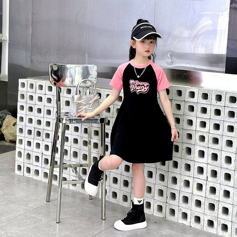 女童夏装短袖连衣裙2025夏季新款洋气撞色甜美公主儿童T恤中大童,淘宝优惠券,粉丝福利购,淘宝优惠卷