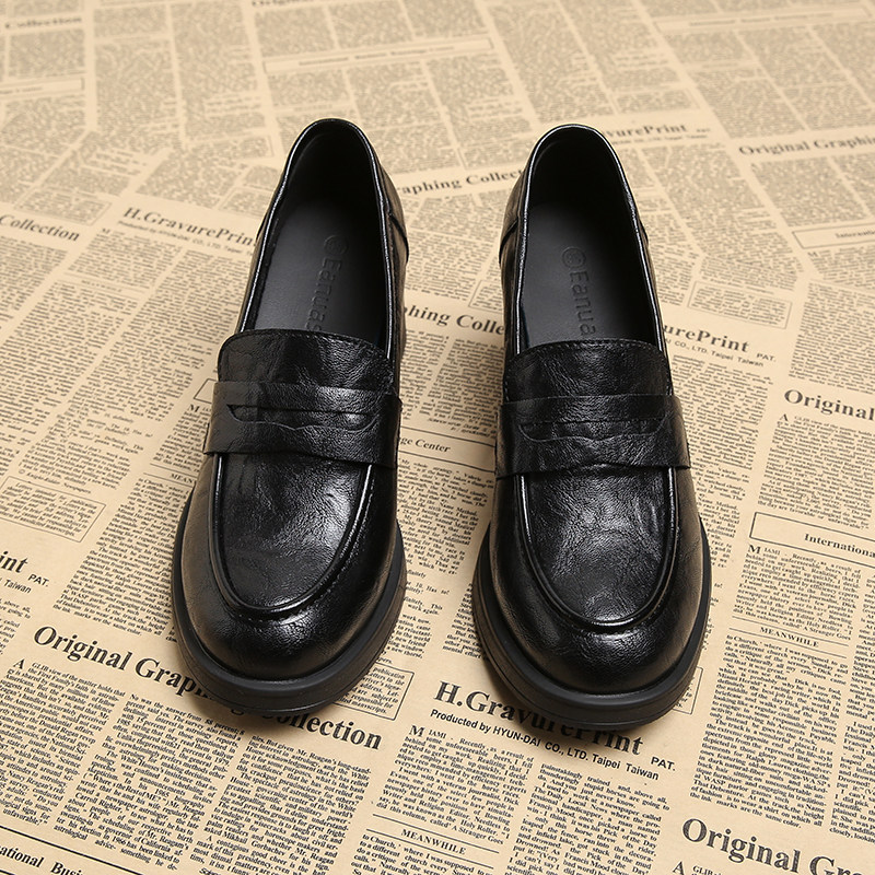 深口单鞋女真皮高跟静音软底不累脚小皮鞋英伦风复古厚底乐福鞋,淘宝优惠券,粉丝福利购,淘宝优惠卷