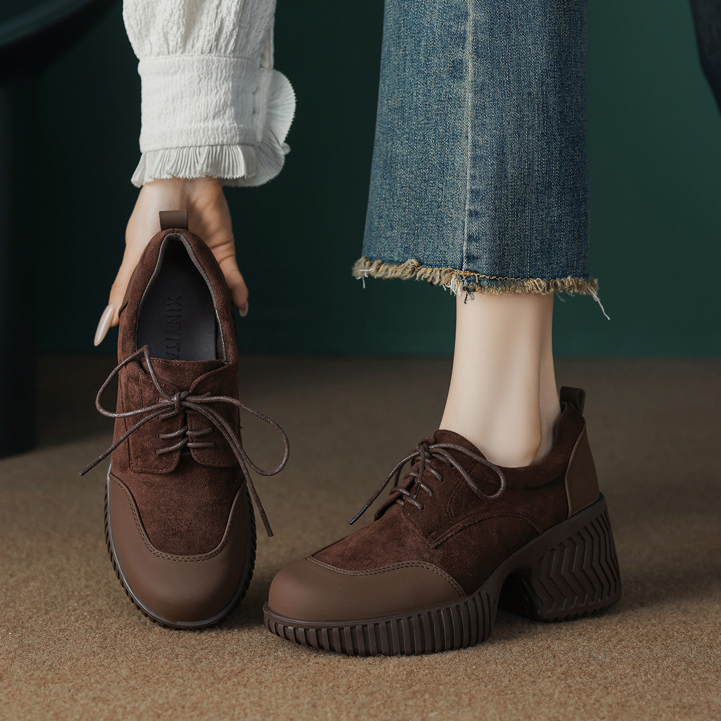 牛皮版~7.5cm复古小个子厚底圆头系带磨砂拼接通勤百搭深口单鞋,淘宝优惠券,粉丝福利购,淘宝优惠卷