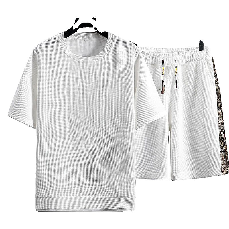 夏季中国风休闲套装大码华夫格短袖t恤男士国潮运动五分裤两件套,淘宝优惠券,粉丝福利购,淘宝优惠卷