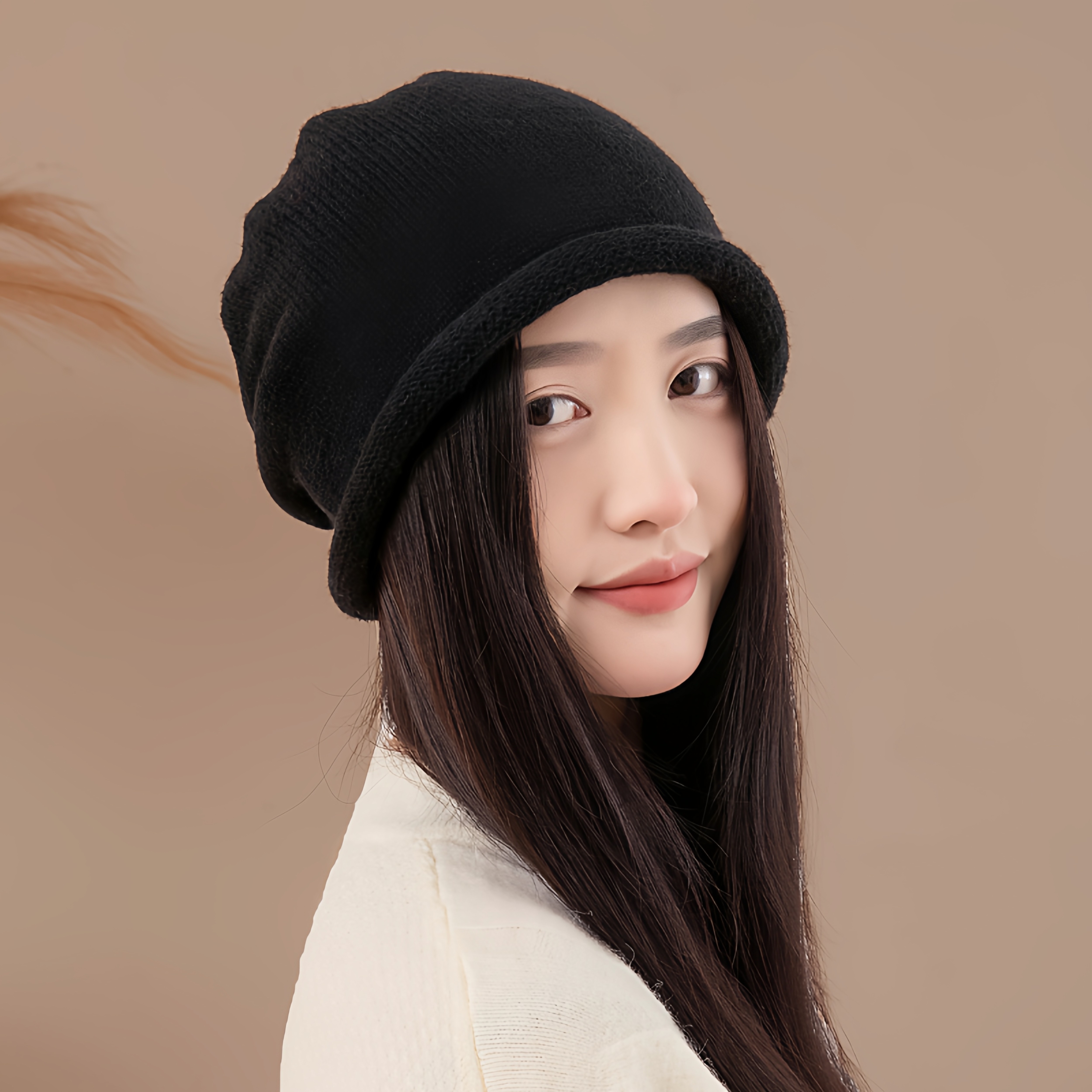 卷边堆堆帽子女显脸小大头围抽绳针织毛线帽秋冬季保暖月子套头帽,淘宝优惠券,粉丝福利购,淘宝优惠卷