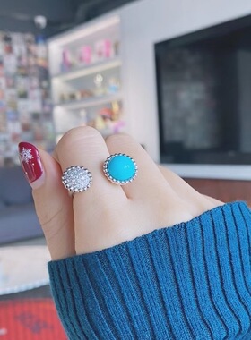 欧美风博主同款绿松石通体925纯银18k厚金电镀 纯银戒指 个性指环