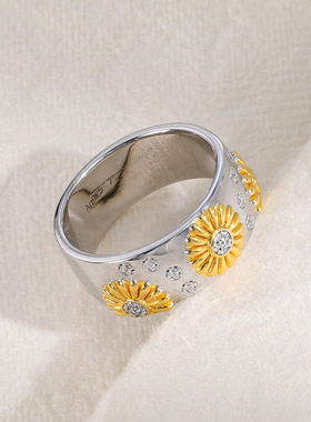 S925纯银 小雏菊戒指镀金镶钻宽版向日葵指环复古小红署爆款精工
