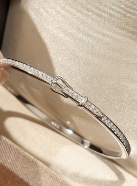 S925纯银精工高级感满钻皮带扣细版手镯轻奢百搭手环情人节礼物