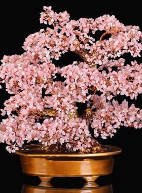 天然粉水晶桃花摆件发财树粉色
