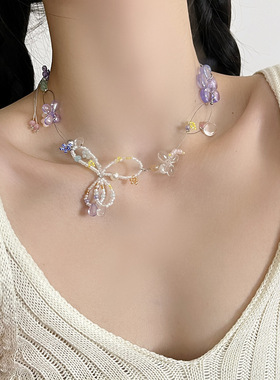 小众设计感绿野仙踪花朵项链甜美少女心琉璃水晶蝴蝶结锁骨链颈链