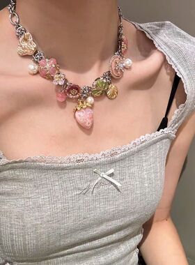 粉草莓花海彩色项链女新款时尚气质小众设计感夏季辣妹