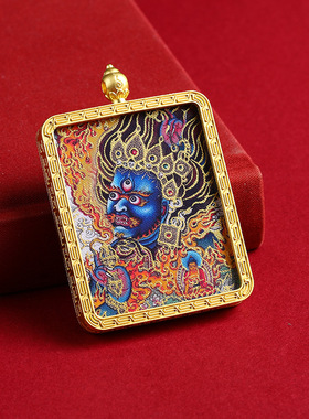 手绘描金大黑天黑财神龙五爷立体唐卡藏式嘎乌盒杠吊坠随身佛方形