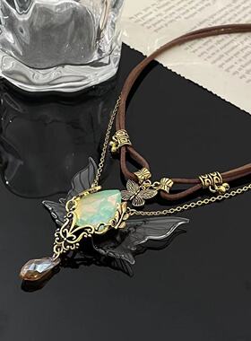 美拉德蝴蝶流苏皮革两件套锁骨链女潮酷时尚小众轻奢设计感项链潮