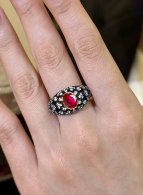 中古风满天星鸽血红复古红宝石戒指女轻奢高级感气质宽版黑色指环