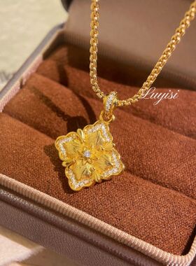 法式复古意大利中古拉丝双面镶钻四叶草项链宫廷布契风百搭锁骨链