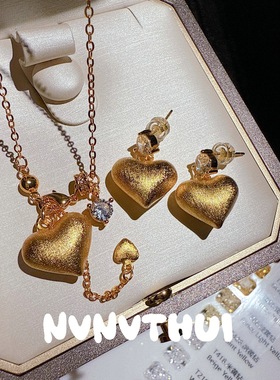 珠宝 复古拉丝屁桃爱心项链 晶洞原石 虎眼石点钻葫芦耳环套装