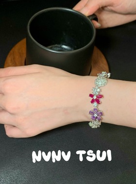 珠宝 仲夏夜之梦蝴蝶繁花粉紫钻项链 宴会高定 花瓣满钻手链套装