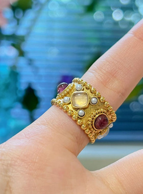 法式复古高级感珍珠双色宝石戒指中古小众轻奢精致宽版宫廷风指环