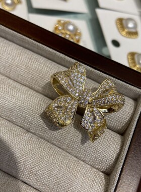 金色蝴蝶结水钻满钻开口可调女戒