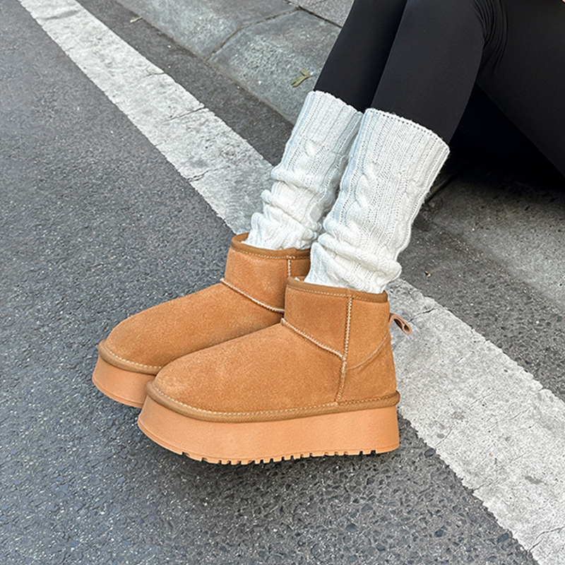真皮版～雪地靴女周冬雨同款皮毛一体厚底短筒靴加绒加厚保暖棉鞋 - 图0