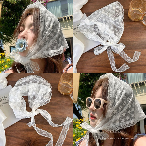 法式蕾丝花边三角巾女白色小碎花头巾连衣裙腰间配饰屁帘叠穿发饰 - 图1