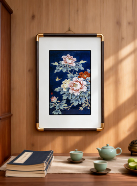 四九艺社 新中式蓝底牡丹国色天香瓷板画 客厅玄关富贵吉祥装饰画