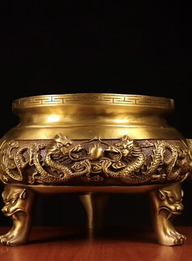 铜香炉二龙炉二龙戏珠香炉大号祠堂用炉黄铜铸造黄铜色仿古装饰品