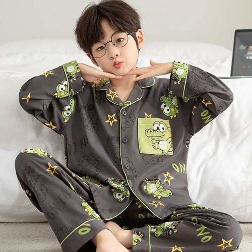 儿童睡衣春秋季男童女童纯棉卡通夏薄款吸汗中大童男孩女孩家居服 - 图1