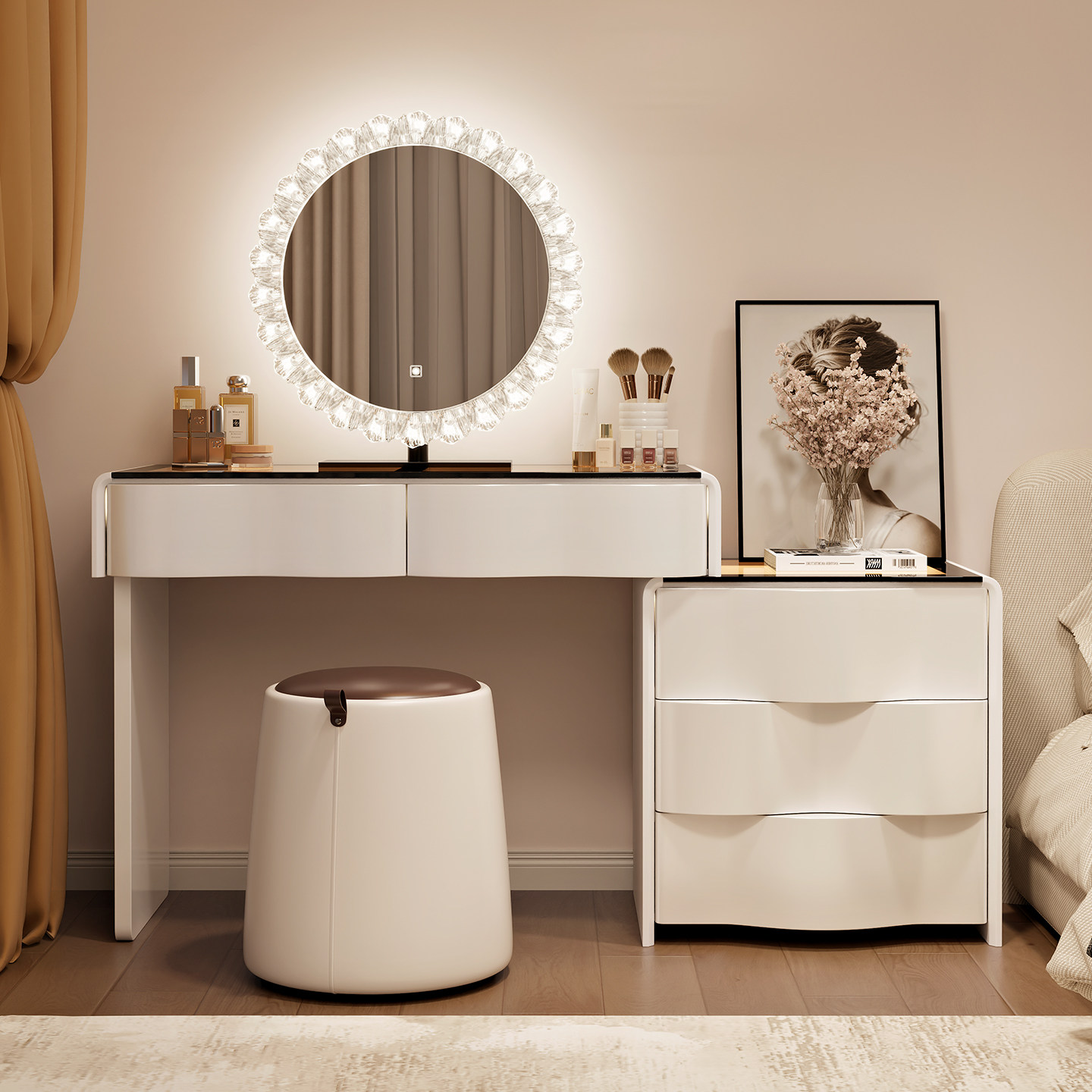 2025新款镜面梳妆台现代卧室简约斗柜一体实木化妆桌一体化妆镜 - 图1