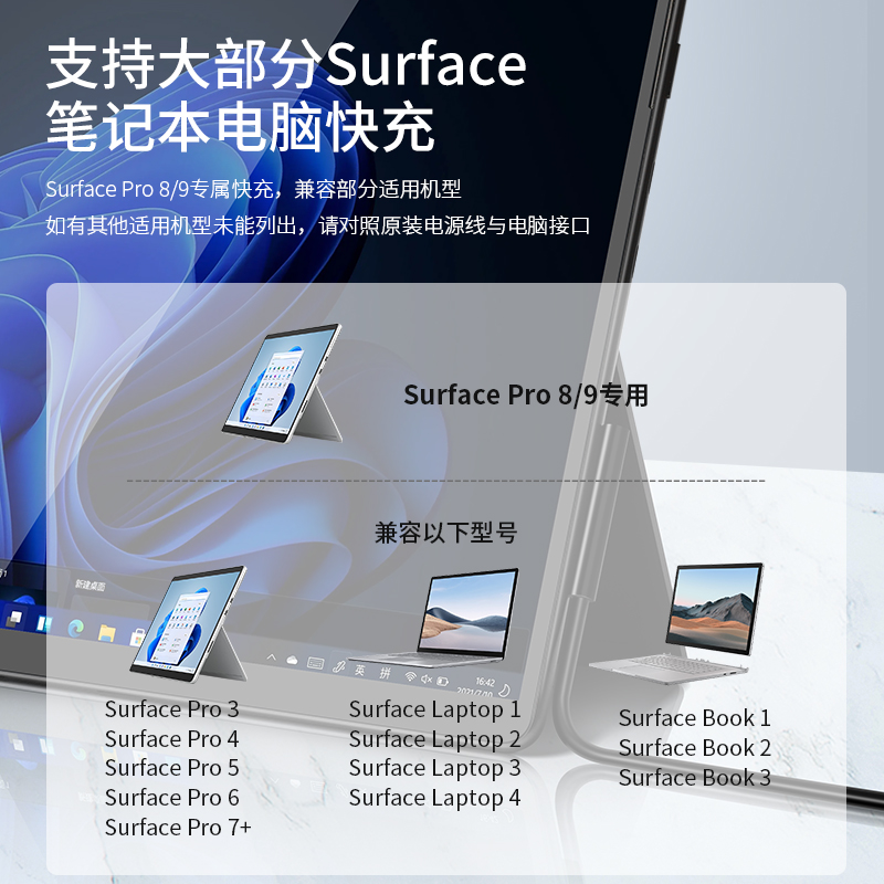 笔记本电脑充电器适用微软Surface Pro8/9/7/3/4/5/6/X  Go2/3电源适配器平板Book Laptop充电线快充线15V4A - 图3