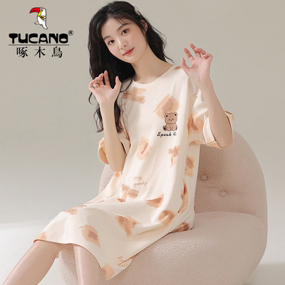 啄木鸟甜美女士睡裙夏款短袖中长裙睡衣女夏季清新学生休闲家居服