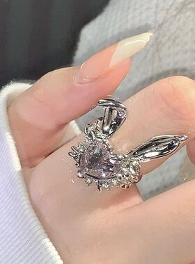 食指戒兔子个性开口戒指女轻奢气质网红卡通可爱甜酷风钻石