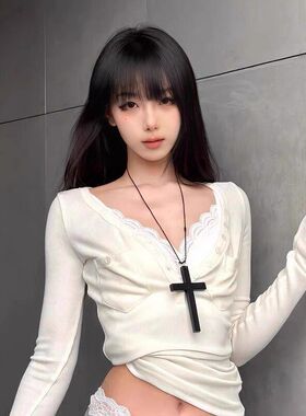 暗黑系复古木质十字架吊坠项链y2k辣妹朋克哥特亚文化百搭锁骨链