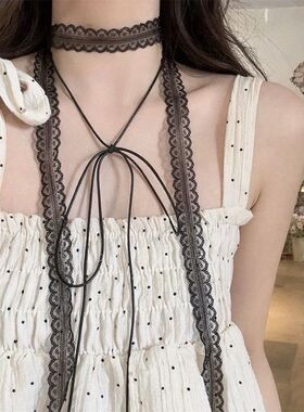 蕾丝飘带叠戴层次感设计蕾丝飘带细窄女春夏百搭锁骨颈带丝巾项链