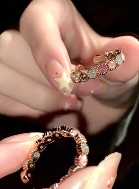 碧玺彩虹戒指女小众设计开口可调节指圈甜酷辣妹风饰品高级感指环
