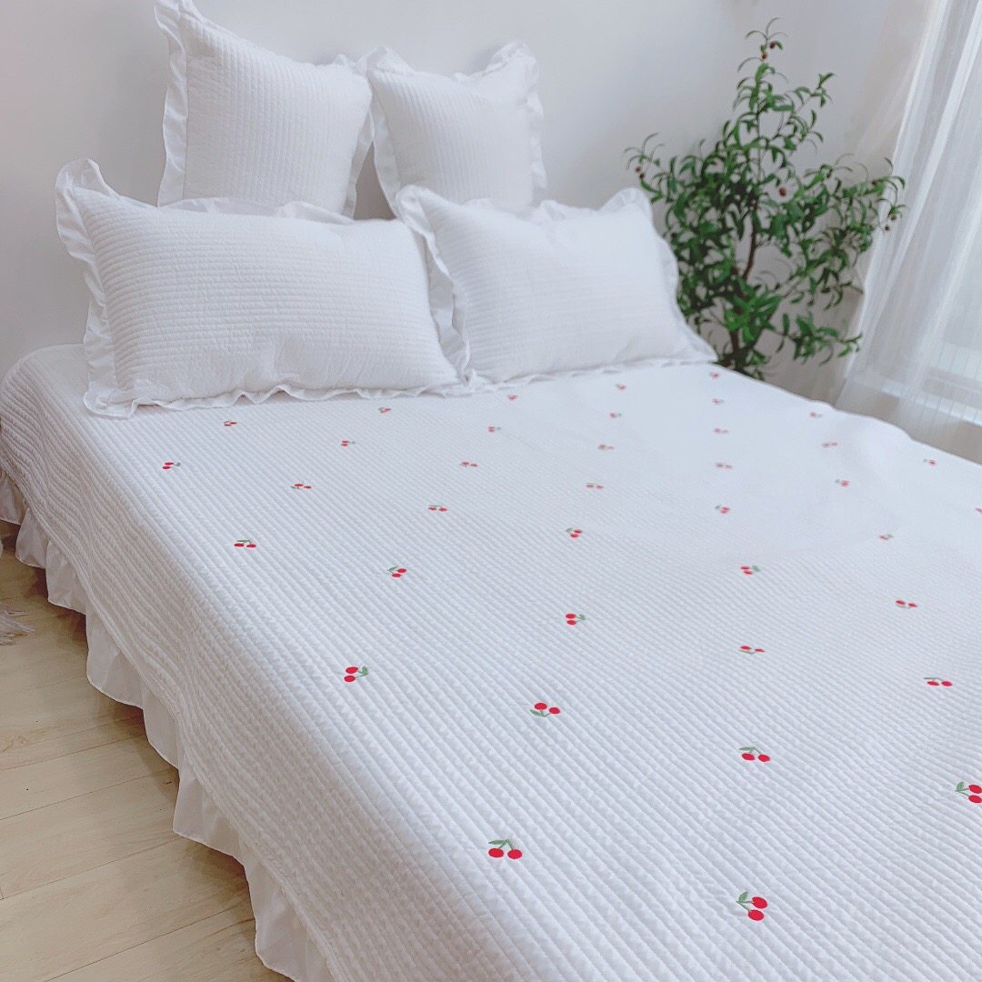 韩国ins风荷叶边床盖三件套夹棉缝纫刺绣水洗棉床单空调被夏被,淘宝优惠券,粉丝福利购,淘宝优惠卷