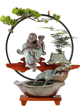 招财流水b摆件大号陶瓷弥勒佛创意循环水办公室桌面开业乔迁送礼