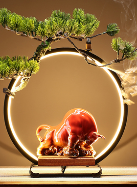 中式牛气冲天招财摆件o倒流香炉家居客厅陶瓷桌面装饰品十二生肖