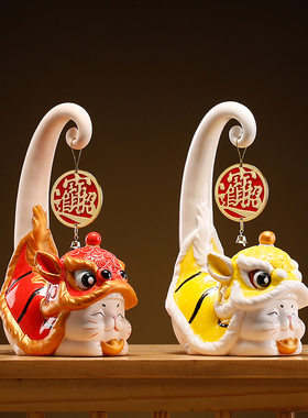 创意醒狮招财猫陶瓷摆件国潮风卡通家居客厅办公室桌面装饰送礼品