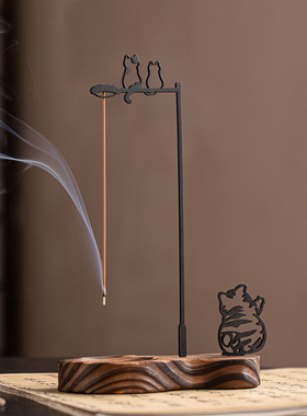 禅意猫咪倒挂香薰炉葫芦木质底座