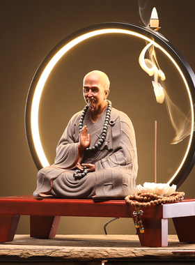 中式创意弘一g法师陶瓷紫砂摆件带灯圈禅意家居客厅书房装饰工艺