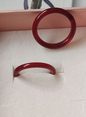 红玛瑙戒指玉髓指环跑环细圈显白本命年红色玉石男女情侣饰品