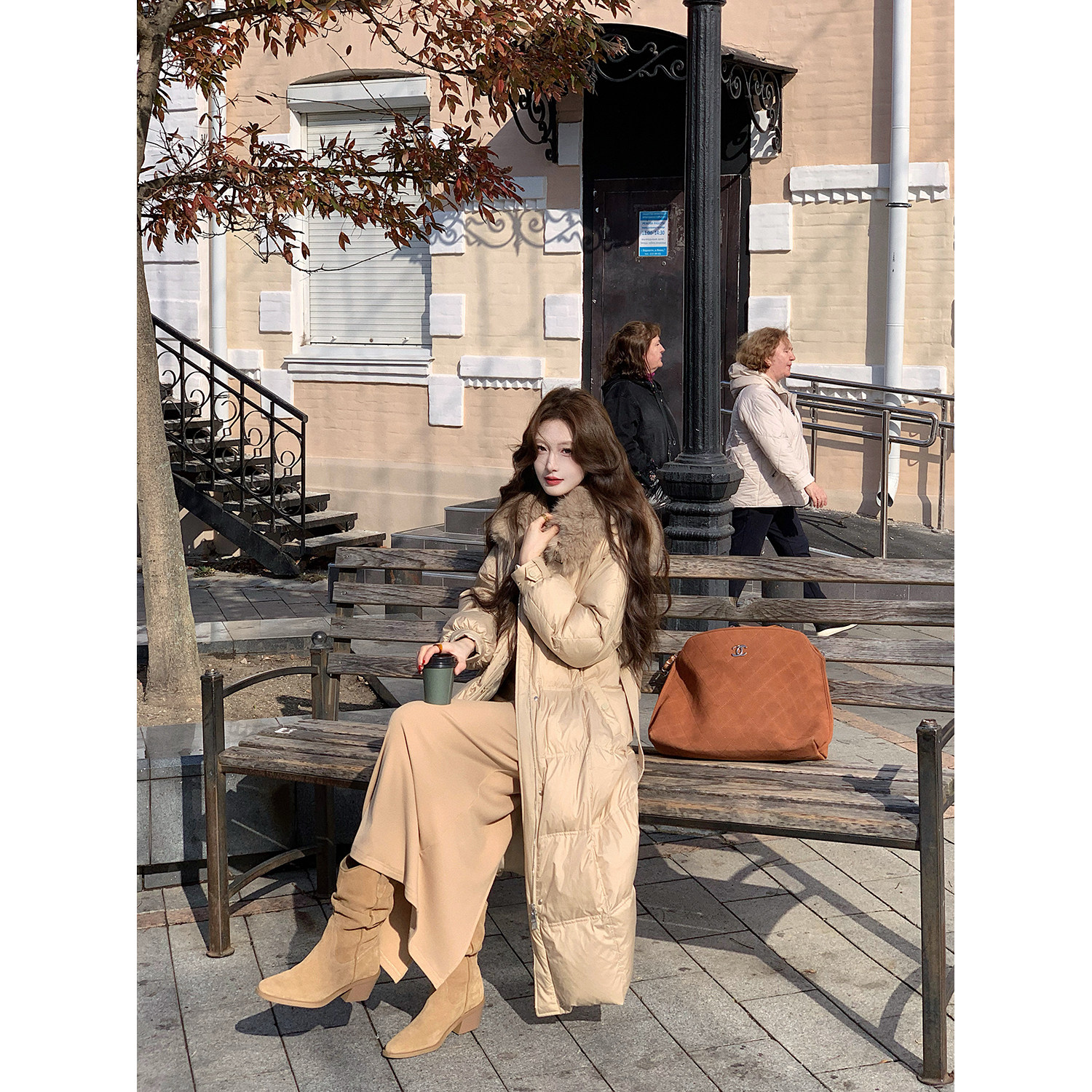 吃绿色菜【云暖】90白鸭绒简约环保狐狸毛领长款高充绒收腰羽绒服