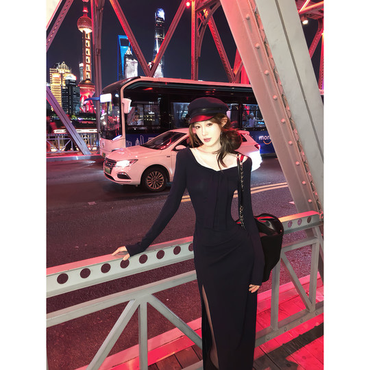 Eat green vegetables Anne's thoughts French retro design lace splicing lace-up v-neck slit dress