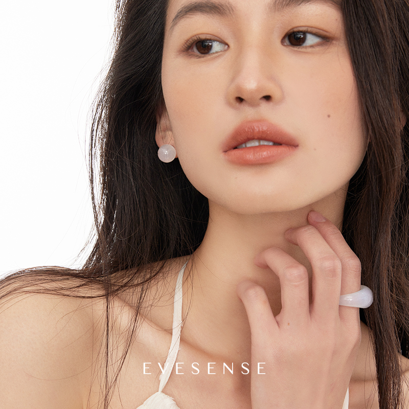 EVESENSE天然白玛瑙圆珠耳钉简约清冷感新中式风925银耳针女耳环 - 图0